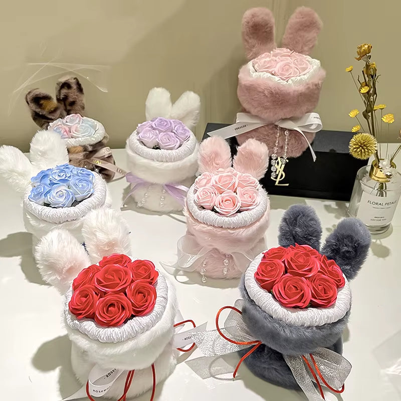 Scented Forever Artificial Rose Cute Rabbit Ears Flower Bouquet Wedding Valentines Day Mothers Day Teacher'S Day Gift Home Decor